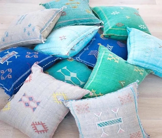 Gối Thổ Cẩm Ma Rốc - Lụa Xương Rồng - Xanh Biển 45x45cm