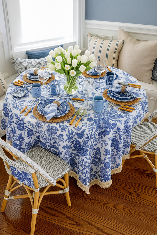 Mẫu số 12 - Khăn trải bàn - Hoa hồng French Blue Toile – La Vie en Rose Decor