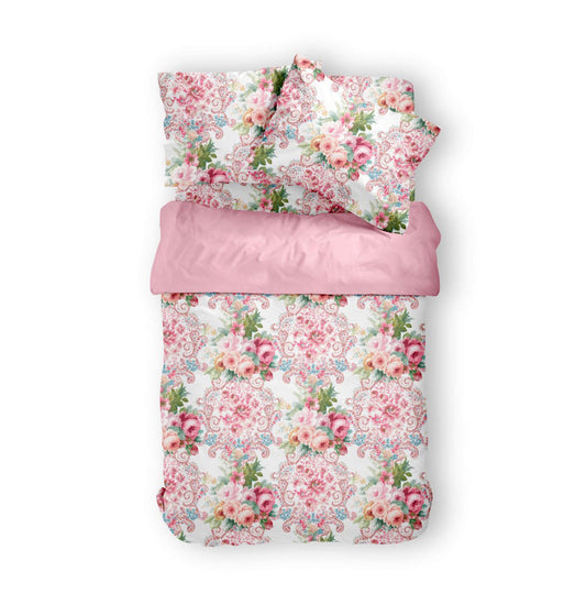 Chăn hè thu cotton hoa cao cấp Victoria Pink Rose hình ảnh mockup trọn set 5 món ga chun ôm sát đệm phối vỏ gối chần bông