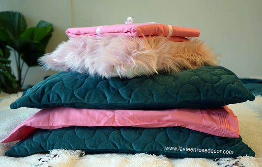 Combo 7 Món - Chăn Hè Thu Nhung Xanh Lá & Ga Giường Hồng – La Vie en Rose Decor