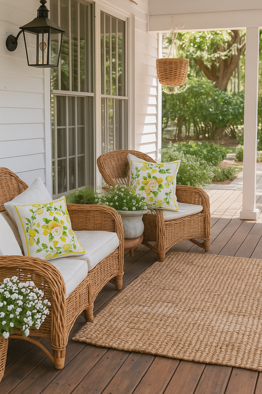 Gối tựa hoa hồng quả chanh vàng trên ghế mây ngoài sân trước -front porch