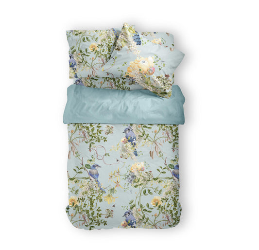 Ga Chun - Bộ Ga Gối Vỏ Chăn Hoa Hồng Chim Xanh