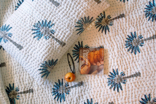 Bộ 02 Vỏ gối Cotton Ấn Độ Cây Cọ Xanh Biển - Thủ Công