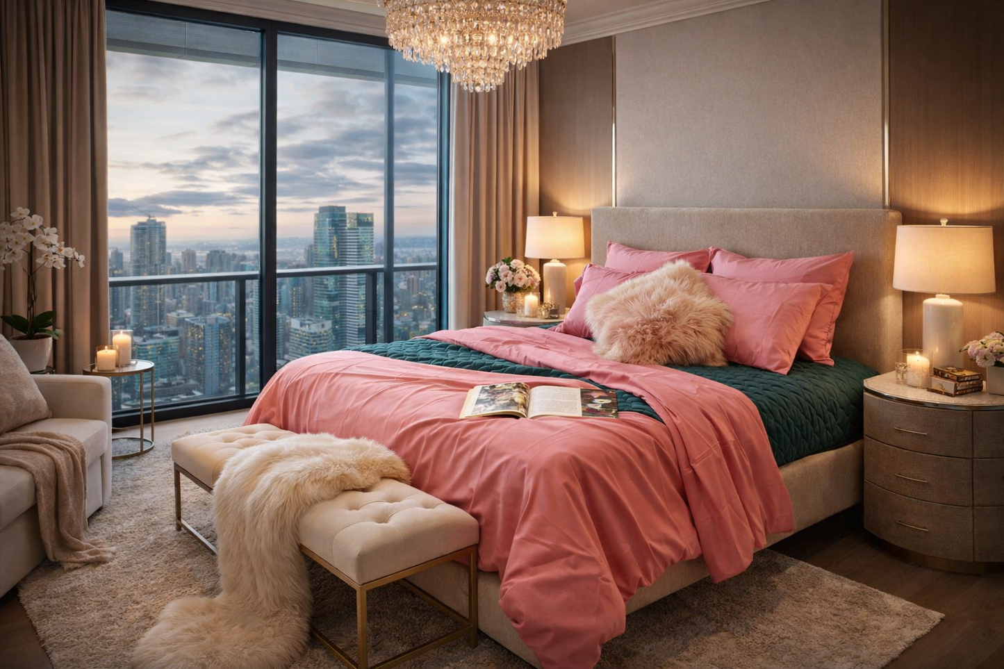 7-Piece Combo - Green Velvet Summer and Fall Blanket &amp; Pink Bed Sheet