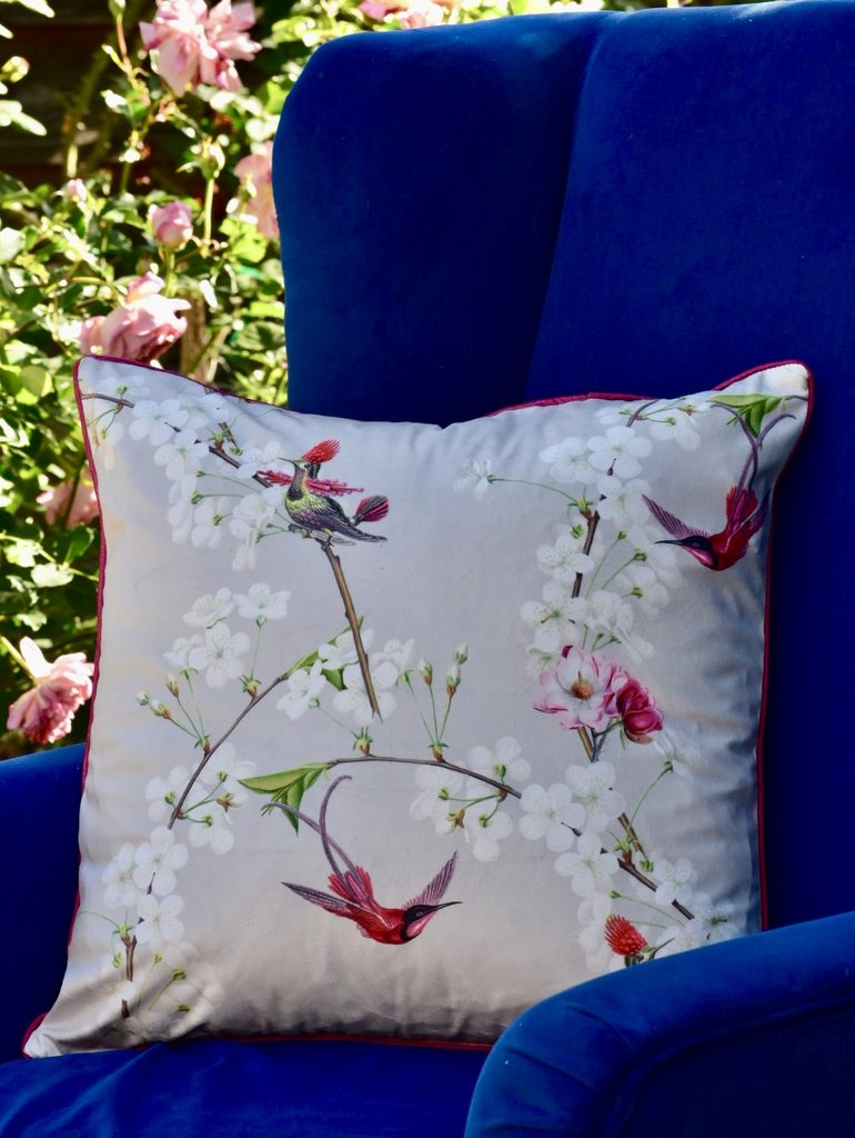 Chinoiserie Dutch Velvet Peach Blossom Bird PILLOW 45x45cm - model number 34