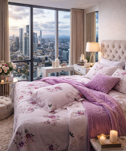 Fitted sheet & Duvet cover set - Peony Purple Rose 