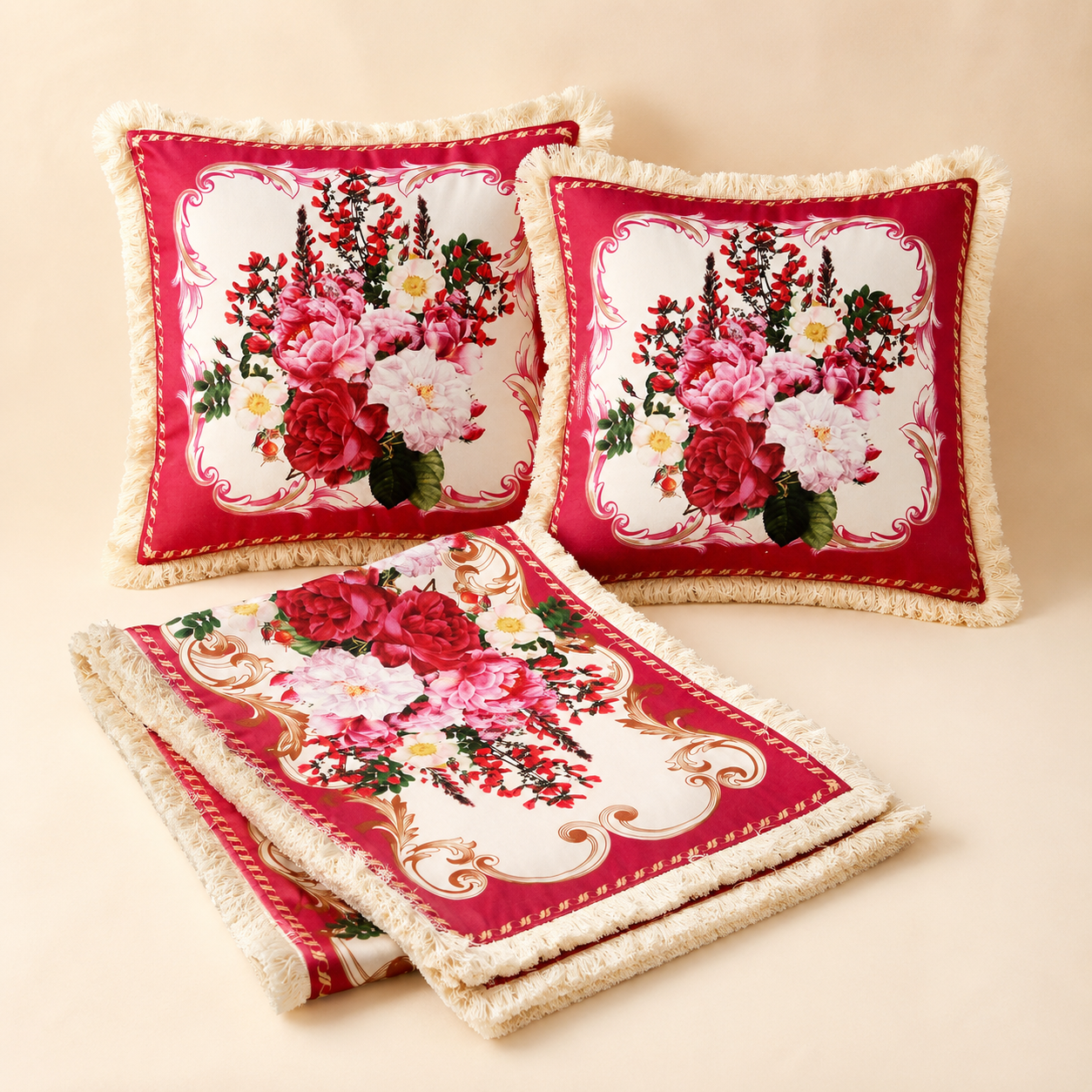 Combo 15 - Khăn trải bàn runner & gối tựa số 15 French Rose Đỏ