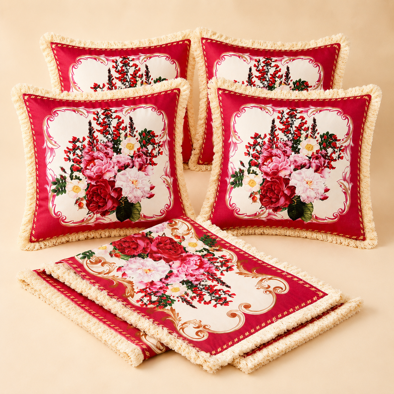 Combo 15 - Khăn trải bàn runner & gối tựa số 15 French Rose Đỏ