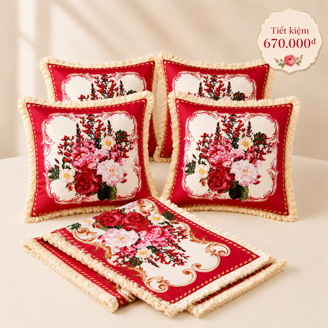 Combo 15 - Khăn trải bàn runner & gối tựa số 15 French Rose Đỏ