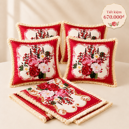 Combo 15 - Khăn trải bàn runner & gối tựa số 15 French Rose Đỏ