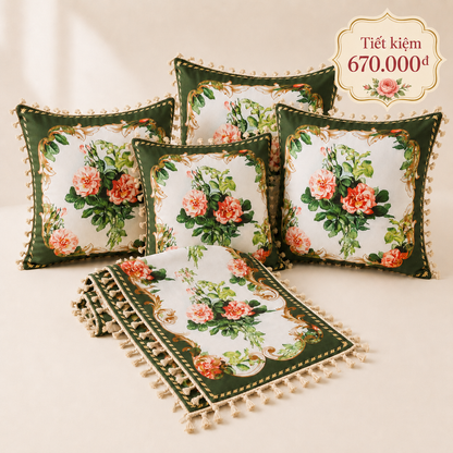 Combo 9 - Khăn trải bàn runner & Gối tựa số 9 French Rose