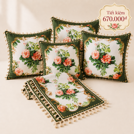 Combo 9 - Khăn trải bàn runner & Gối tựa số 9 French Rose