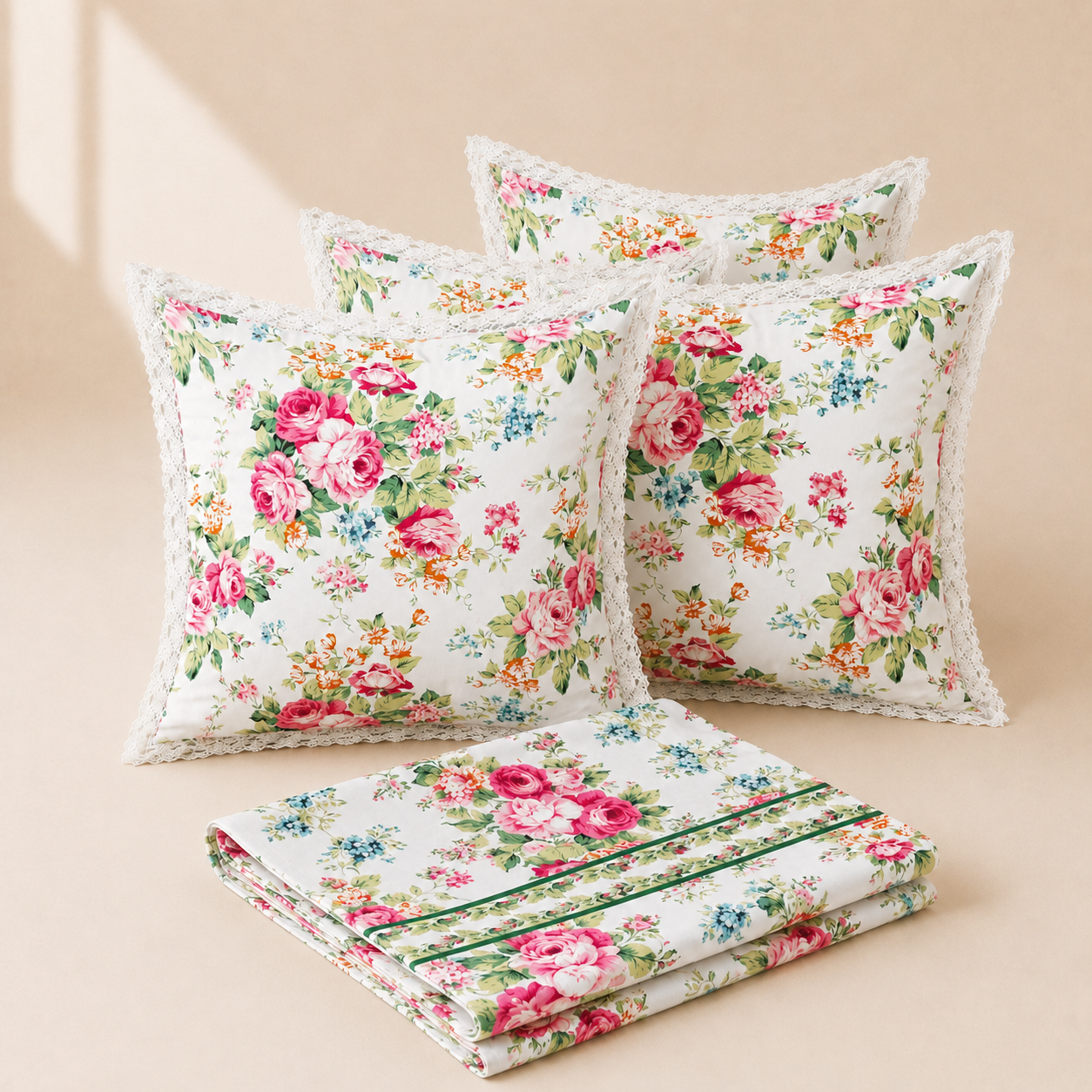 Combo 5 - Khăn trải bàn runner & gối tựa số 5 Vintage Rose