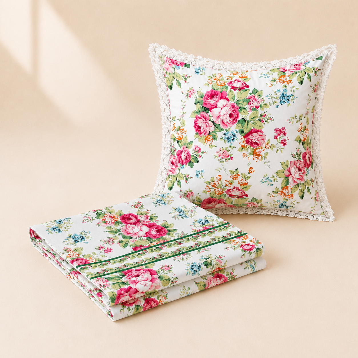 Combo 5 - Khăn trải bàn runner & gối tựa số 5 Vintage Rose