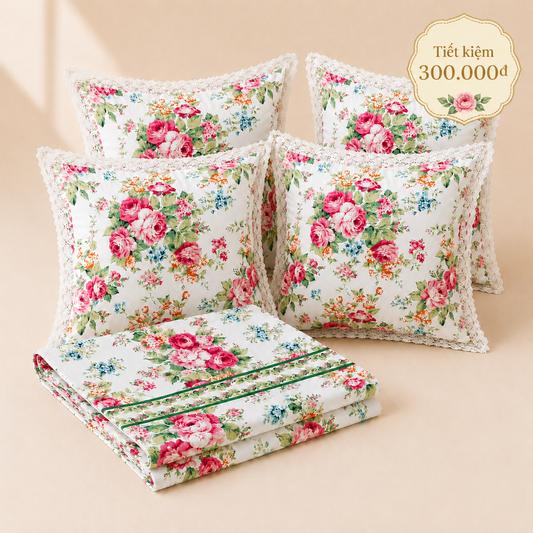 Combo 5 - Khăn trải bàn runner & gối tựa số 5 Vintage Rose