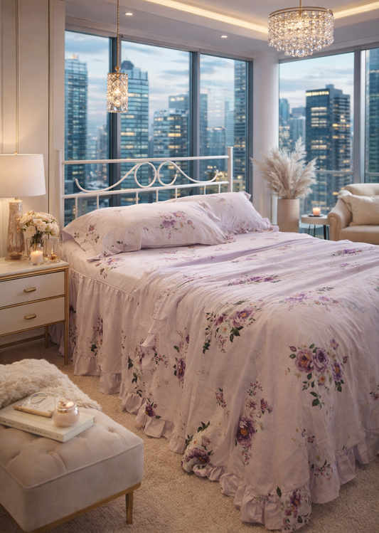 Valance sheet & Duvet cover set - Purple Rose Peony (Made to order) 