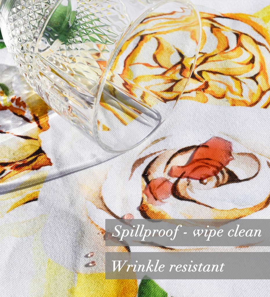 Cận cảnh bề mặt vải mềm xốp hiệu ứng vân xước linen chống thấm nước không nhăn của khăn trải bàn cao cấp Tuscany Lemon Rose
