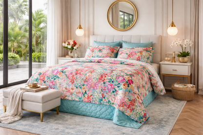 bộ chăn ga gối hoa hồng vải cotton sateen phối cảnh phòng ngủ sang trọng với chăn nhung mầu xanh ngọc bích 