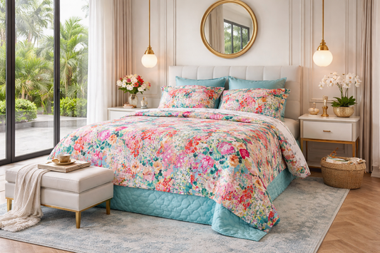 bộ chăn ga gối hoa hồng vải cotton sateen phối cảnh phòng ngủ sang trọng với chăn nhung mầu xanh ngọc bích 