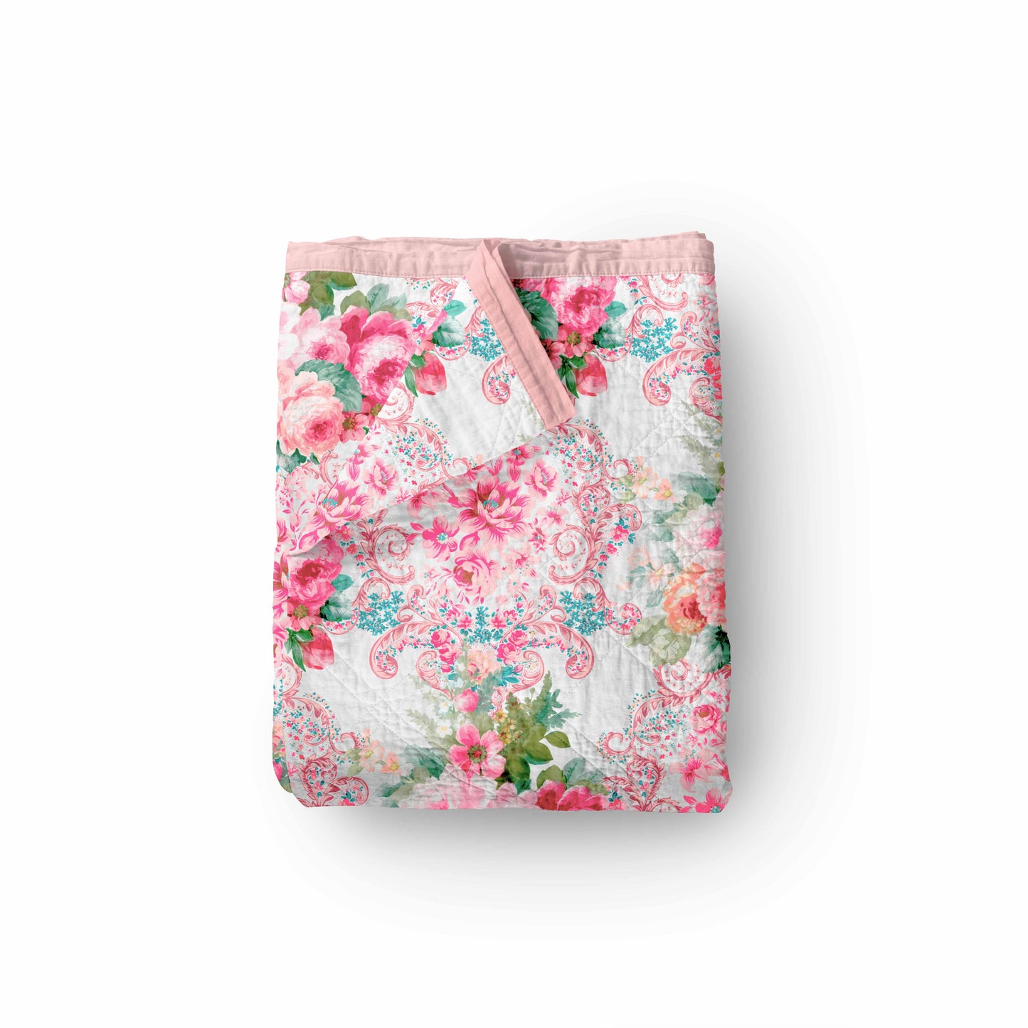 Chăn hè thu cotton hoa cao cấp Victoria Pink Rose hình ảnh mockup nếp gấp gọn vải chần bông hình quả trám, phô diễn trọn vẹn hai mặt họa tiết gấm damask và màu hồng trơn
