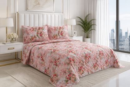 Chăn hè thu cotton hoa cao cấp Victoria Pink Rose phiên bản chần bông mỏng nhẹ, hình ảnh phối giường ngủ hiện đại trong căn hộ chung cư cao cấp view toàn cảnh thành phố
