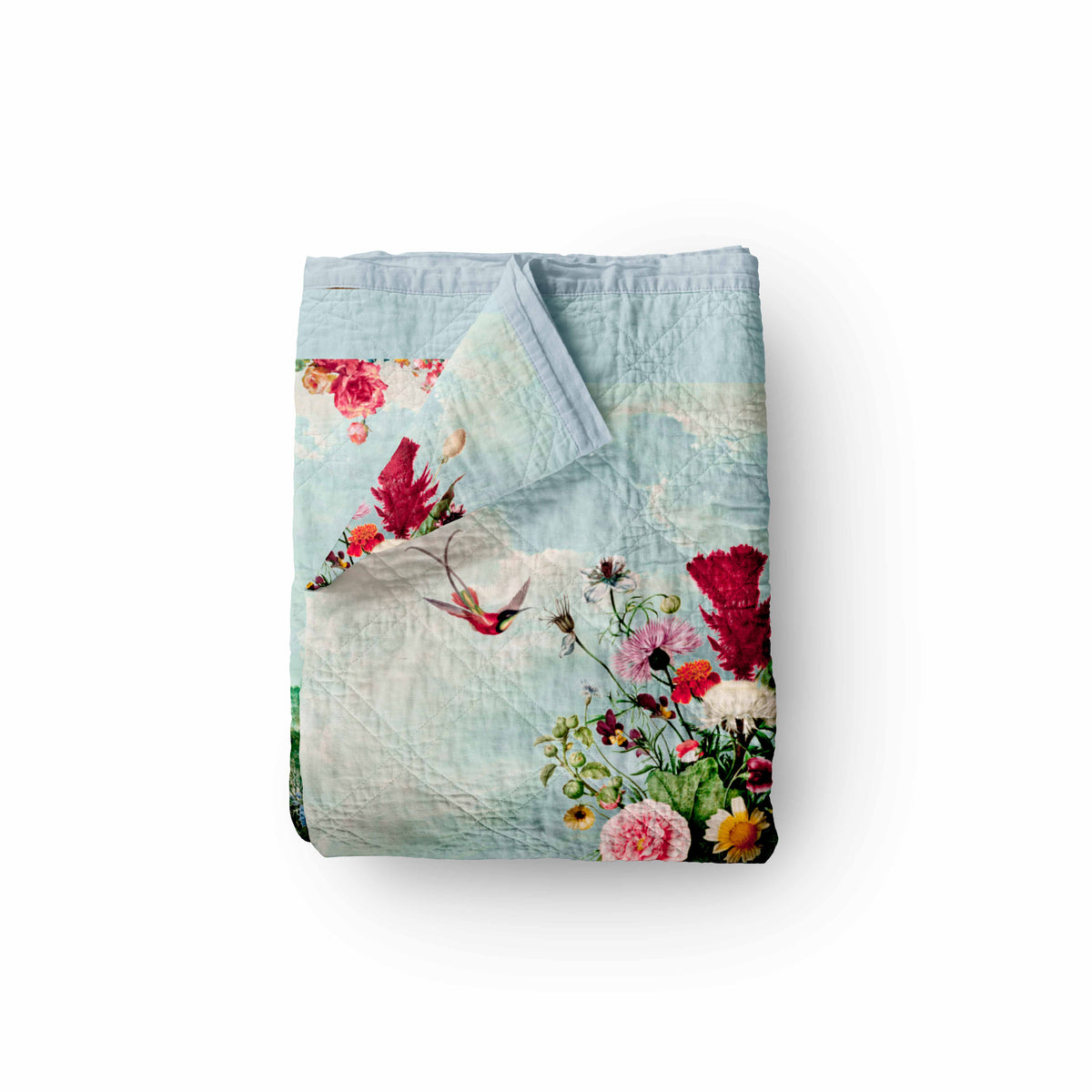 Ảnh mockup chăn hè thu venice mầu xanh dươngcó hoạ tiết hoa hồng