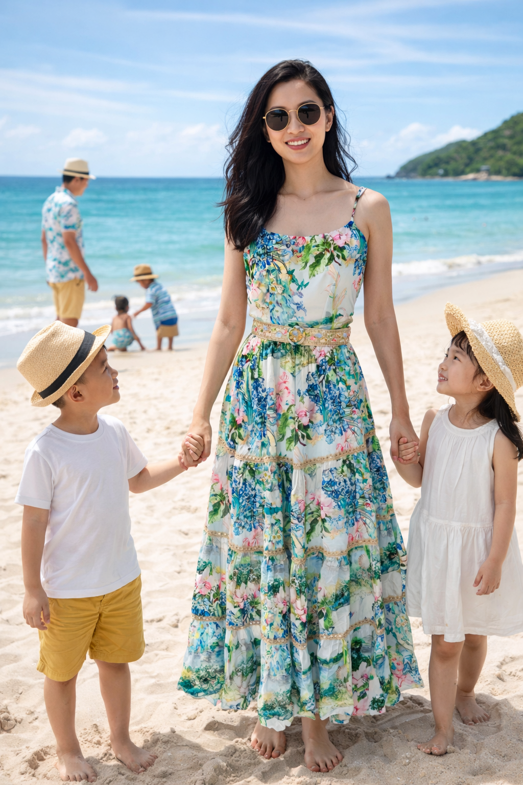 Đầm đi nghỉ dưỡng holiday thiết kế váy maxi hai dây hoa diên vĩ màu xanh mát, hình ảnh phối đồ set gia đình đồng điệu đi chơi trên bãi biển cát trắng

