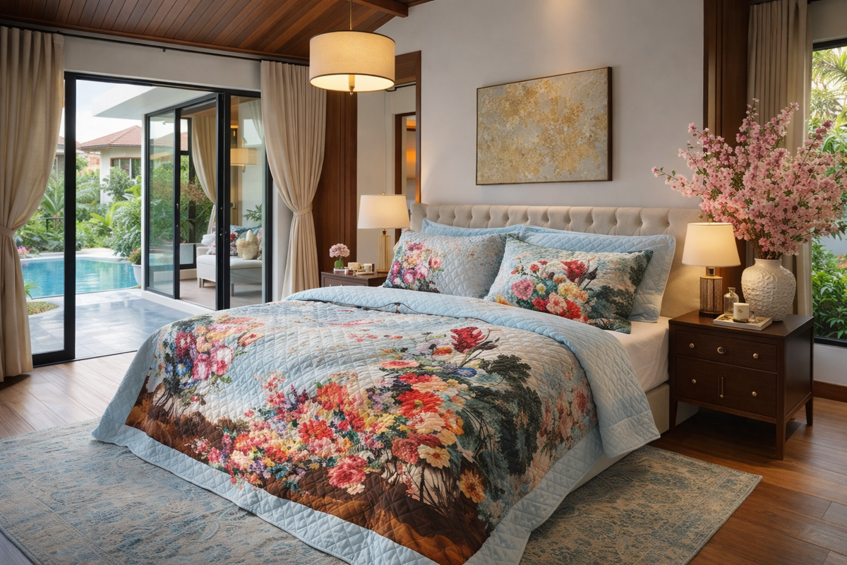 Bộ chăn ga gối hoa với chăn hè thu chần bông. mỏng trong phòng ngủ hiện đại của căn biệt thự với góc nhìn hồ bơi ngoài sân. 