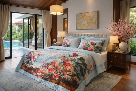 Bộ chăn ga gối hoa với chăn hè thu chần bông. mỏng trong phòng ngủ hiện đại của căn biệt thự với góc nhìn hồ bơi ngoài sân. 