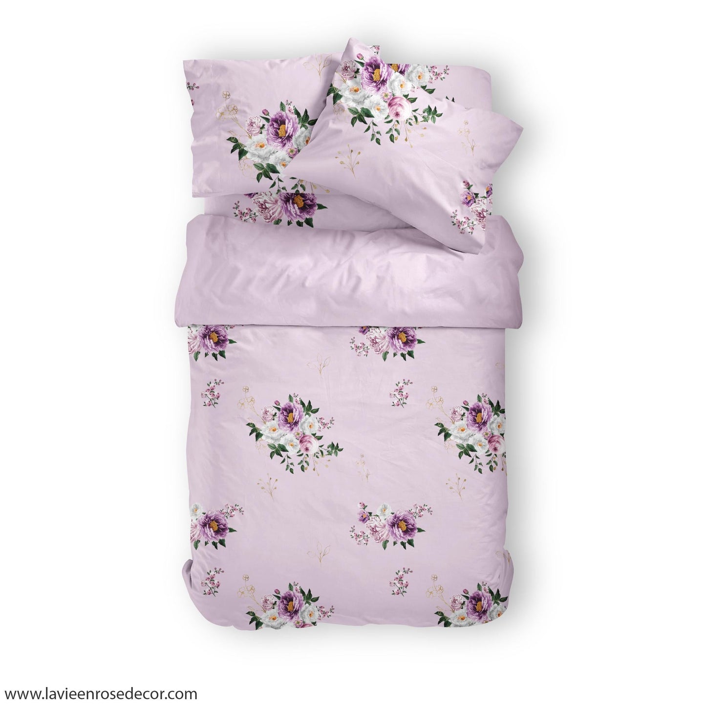 Mock up bộ chăn ga gối hoa tím peony rose view từ trên xuống dưới 