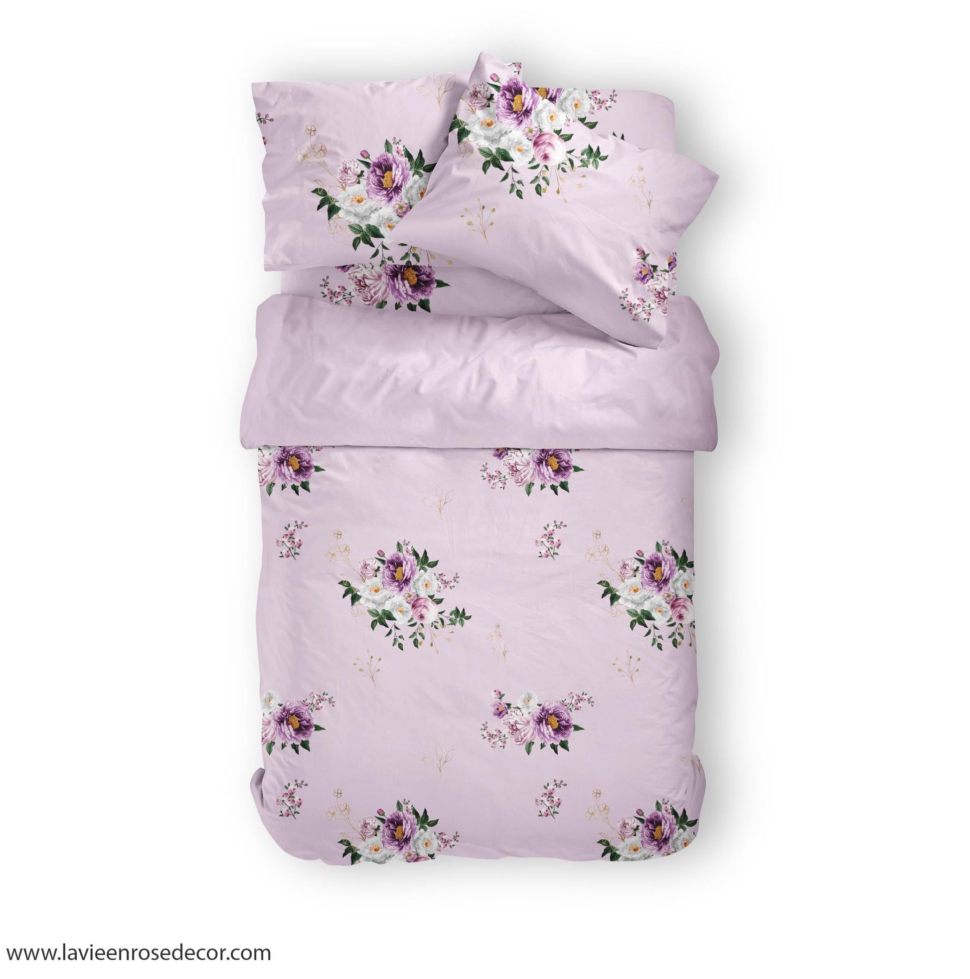 Mock up bộ chăn ga gối hoa tím peony rose view từ trên xuống dưới 