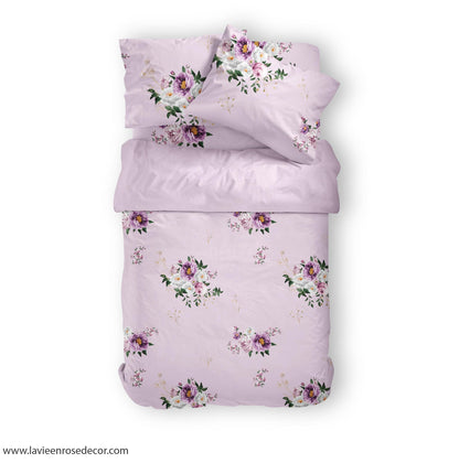Mock up bộ chăn ga gối hoa tím peony rose view từ trên xuống dưới 