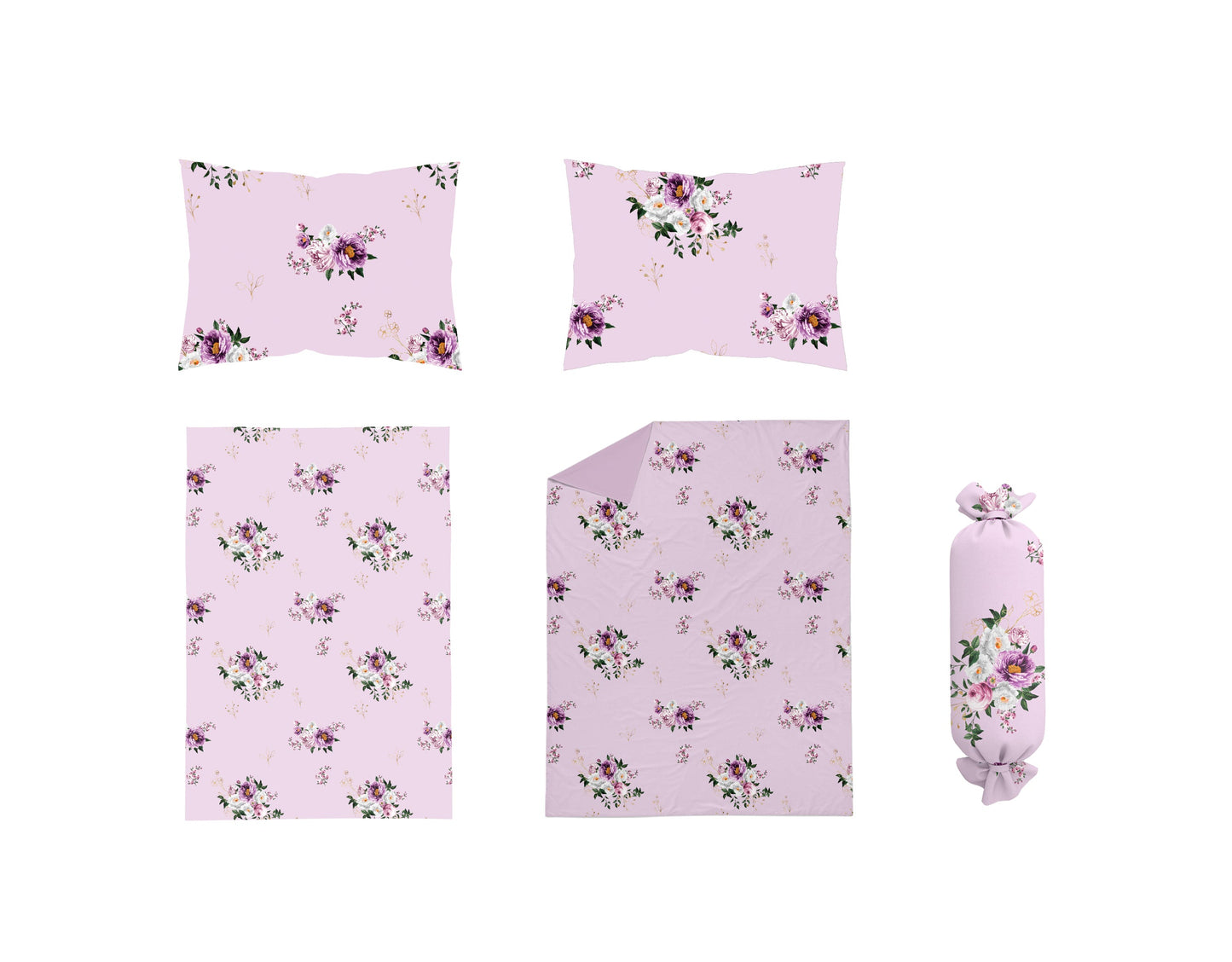 Mock up bộ 5 chiếc của bộ chăn ga gối hoa hồng tím Peony Rose 