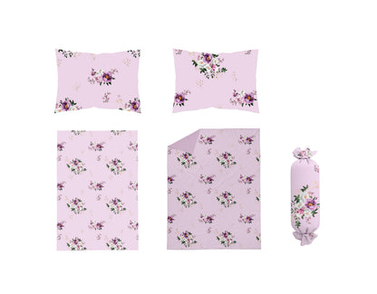 Mock up bộ 5 chiếc của bộ chăn ga gối hoa hồng tím Peony Rose 