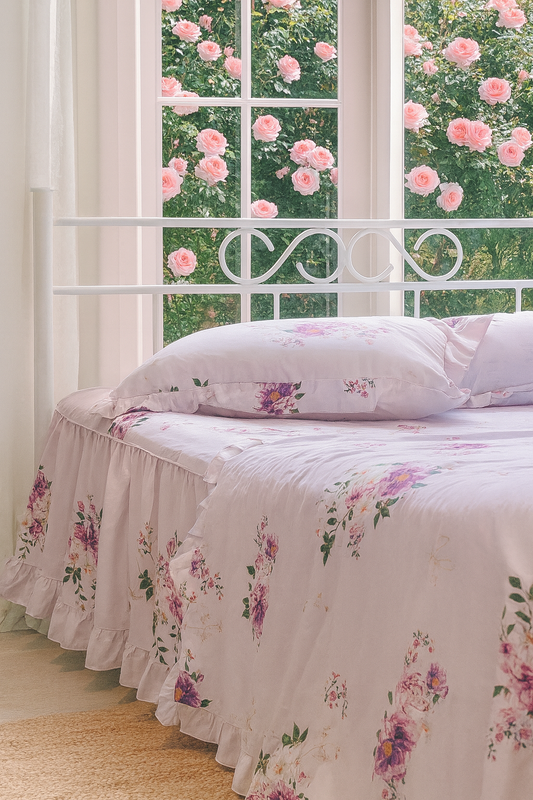 Bộ Chăn Ga Gối Hoa Peony Rose Tím  (Bộ 5 Món Ga Phủ - Đặt May)