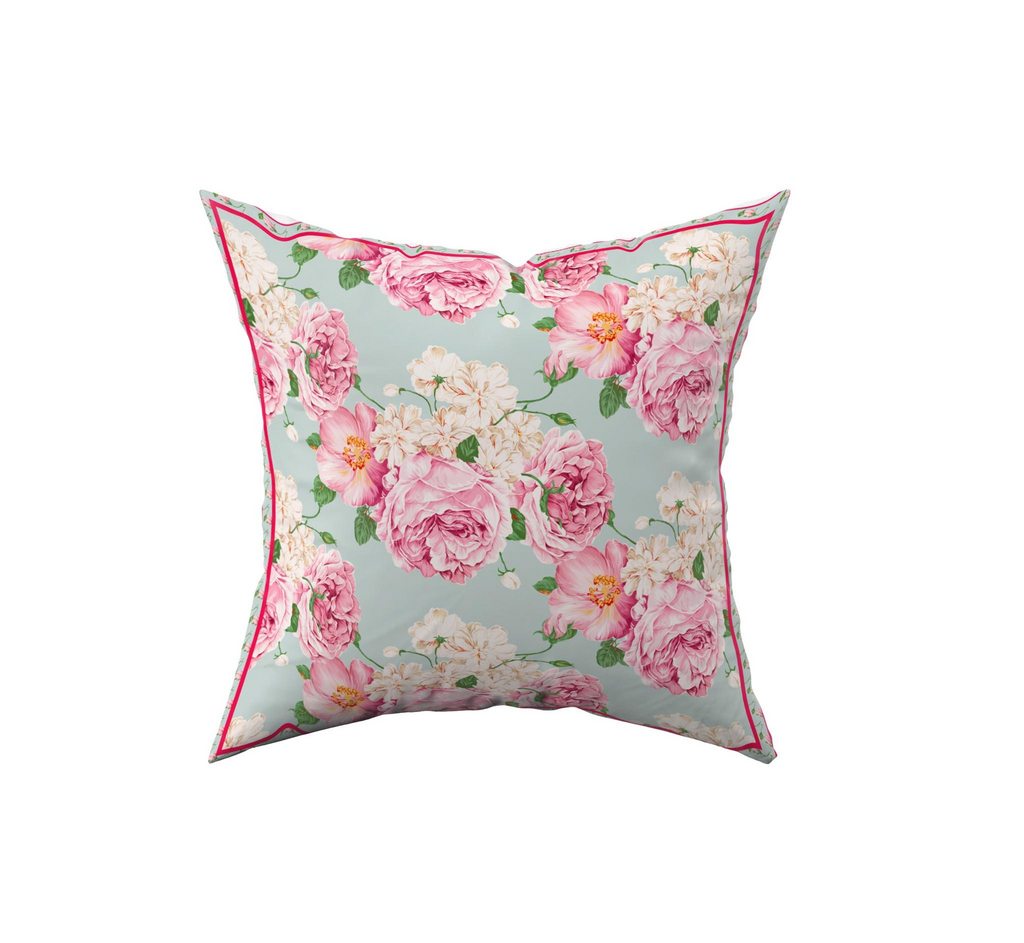 GỐI TỰA Hoa Hồng Rose Peony 45cm x 45cm hoa hồng vẽ tay trên nền vải mầu xanh ghi- La Vie en Rose Decor