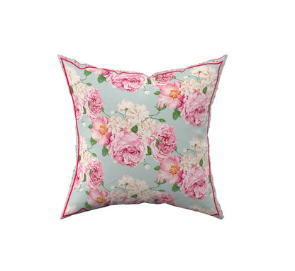 GỐI TỰA Hoa Hồng Rose Peony 45cm x 45cm hoa hồng vẽ tay trên nền vải mầu xanh ghi- La Vie en Rose Decor