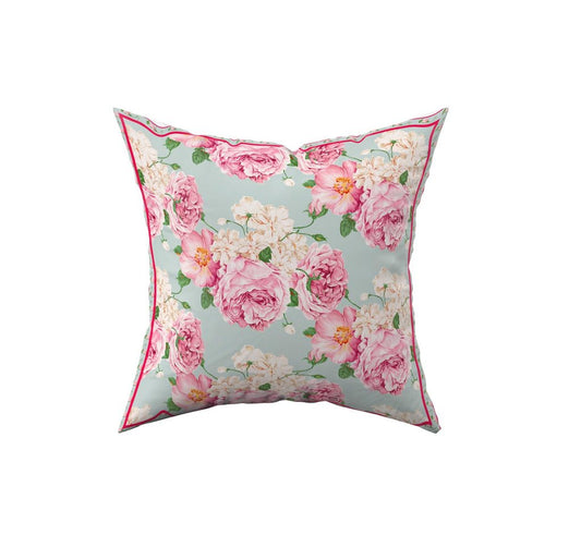 GỐI TỰA Hoa Hồng Rose Peony 45cm x 45cm hoa hồng vẽ tay trên nền vải mầu xanh ghi- La Vie en Rose Decor