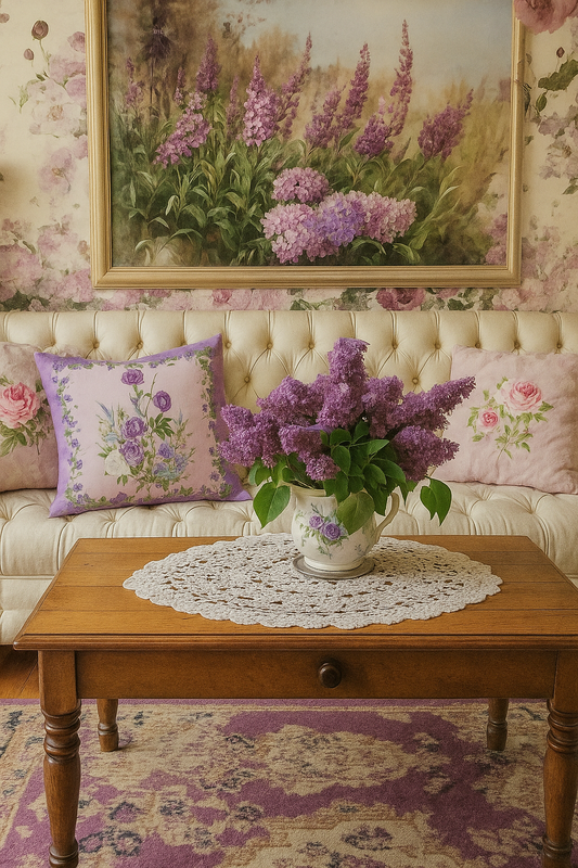 Gối tựa hoa hồng mầu tím phối gối tựa hoa hồng nhạt trên ghế sofa mầu kem với nội thất shabby chic phong cách nột thất đồng quê