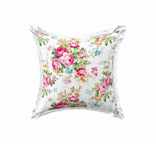 GỐI TỰA Hoa Hồng Vintage 45x45cm Mẫu số 5 viền ren trắng