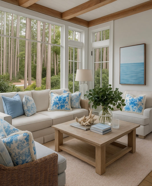Gối tựa hoa hồng xanh nước biển phối với gối xanh biển trơn trên ghế sofa mầu kem trong  phong khách với phong cách nội thất hiện đại