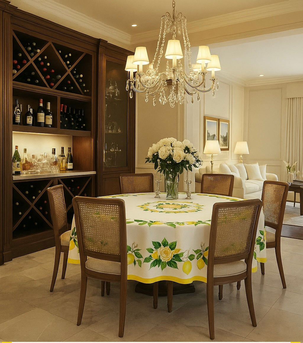 Khăn trải bàn tròn cao cấp họa tiết hoa hồng và chanh vàng Tuscany phủ trên bàn ăn gỗ nâu phong cách cổ điển pha nét hiện đại sang trọng
