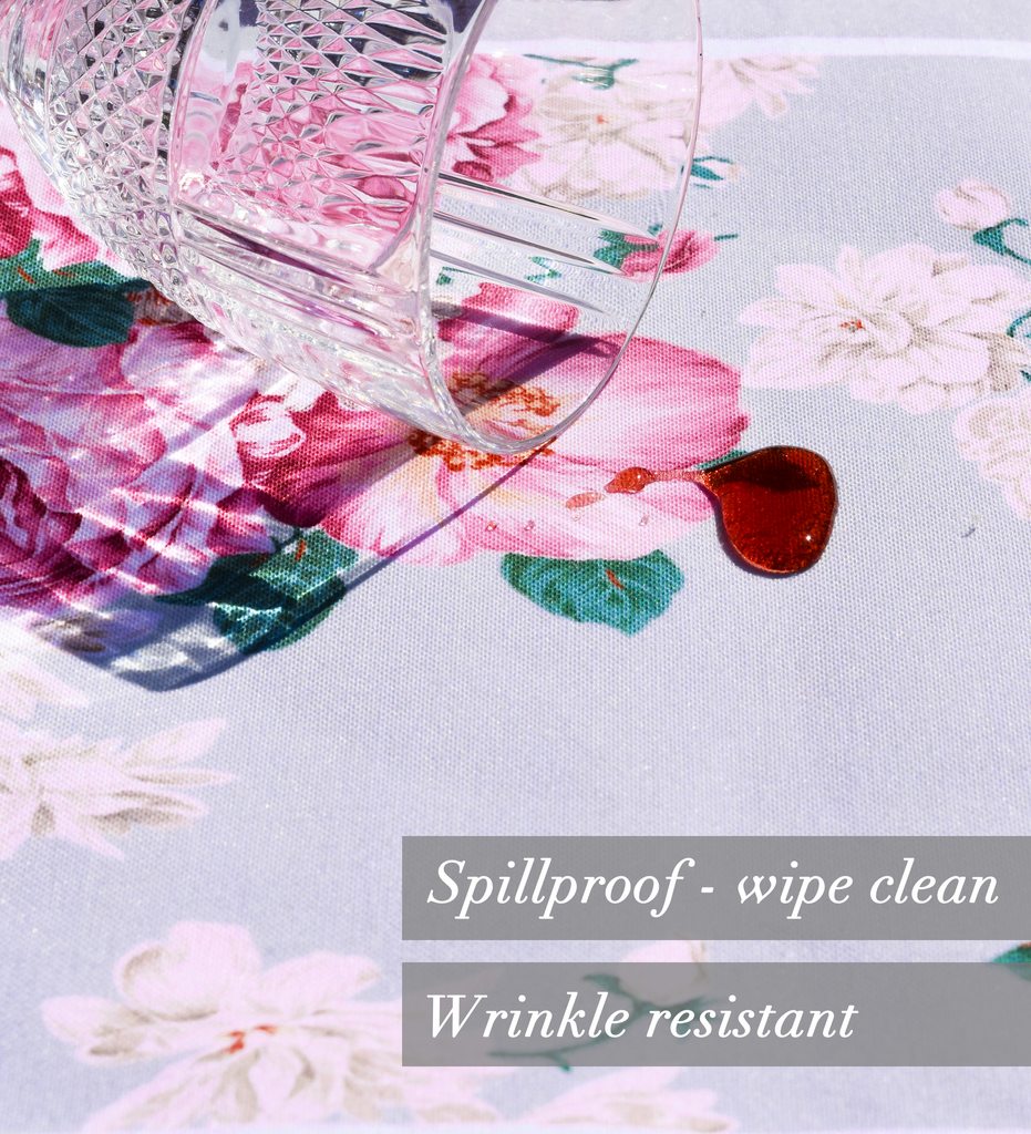 Khăn trải bàn cao cấp vải họa tiết hoa mẫu đơn Rose Peony thử nghiệm tính năng chống thấm nước vượt trội, kháng vết ố bẩn dễ dàng lau sạch và chất vải chống nhăn
