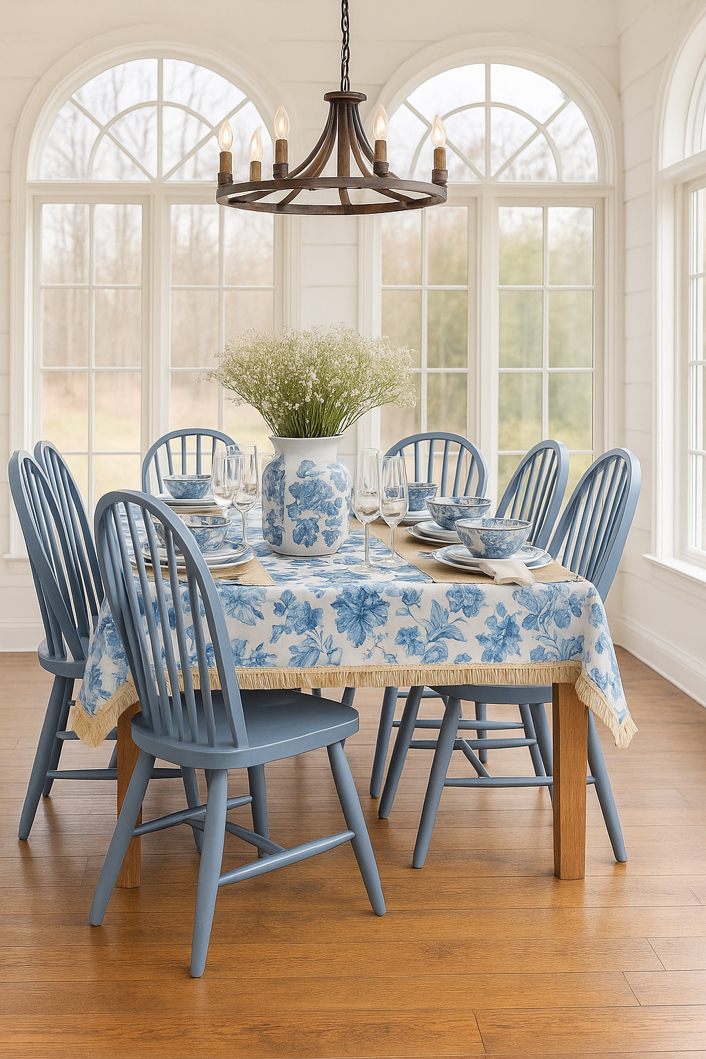 Khăn trải bàn phòng ăn cao cấp họa tiết hoa hồng xanh cổ điển Blue Rose Vine