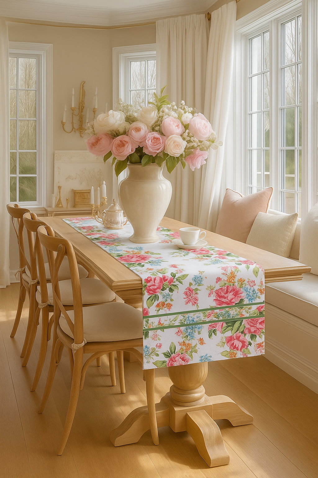 Khăn trải bàn runner họa tiết hoa hồng Vintage Rose phối bàn tiệc trà cổ điển bên cạnh cửa sổ ngập tràn ánh nắng ban mai lãng mạn phối bình hoa