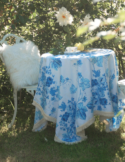 Khăn trải bàn phòng ăn cao cấp họa tiết hoa hồng xanh cổ điển Blue Rose Vine