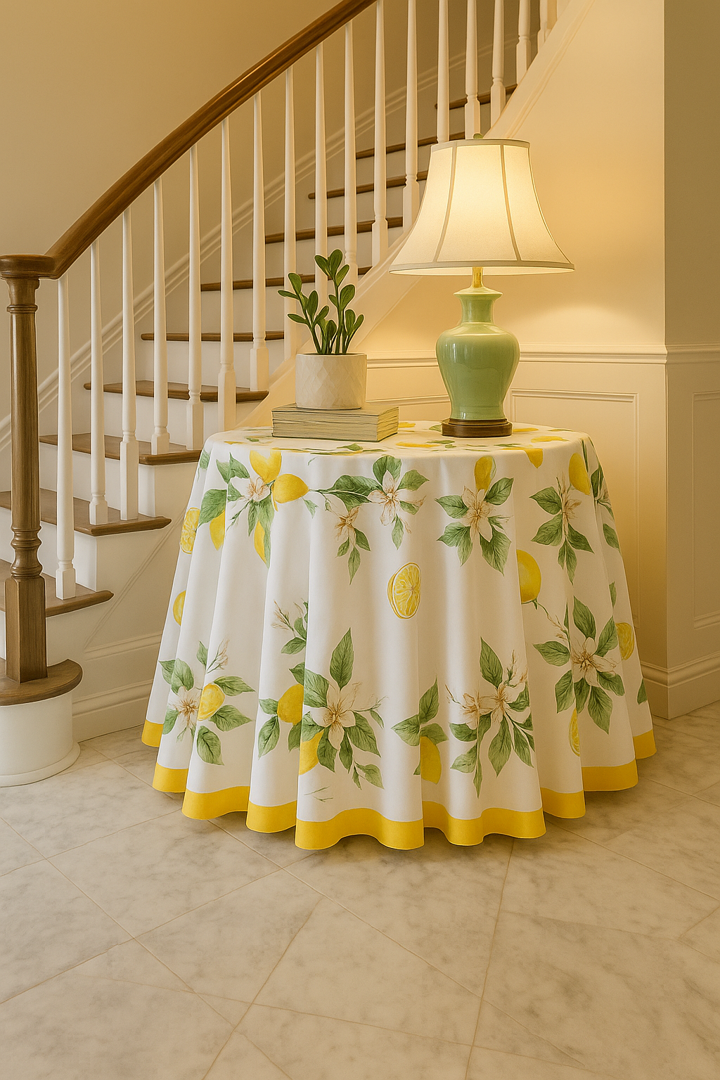 Khăn trải bàn tròn cao cấp họa tiết hoa hồng và chanh vàng Tuscany phối decor bàn tròn nhỏ góc cầu thang với ánh đèn ấm cúng phong cách nhà châu Âu
