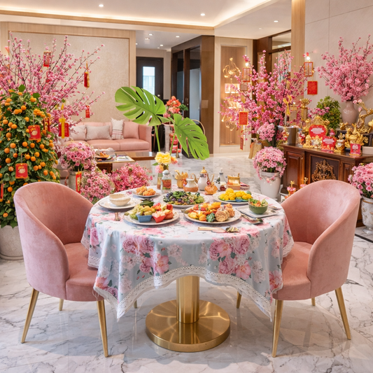 Khăn trải bàn cao cấp vải dáng tròn họa tiết hoa mẫu đơn Rose Peony phối trong không gian phòng ăn tông kem phong cách Châu Á trang trí Tết, kết hợp bàn tròn và bộ ghế velvet hiện đại ấm cúng
