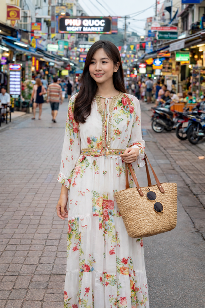 Váy maxi đi tiệc và đầm đi du lịch nghỉ dưỡng họa tiết hoa hồng Victoria Pink Rose, hình ảnh phối túi cót thời trang dạo phố đêm holiday tại chợ đêm Phú Quốc
