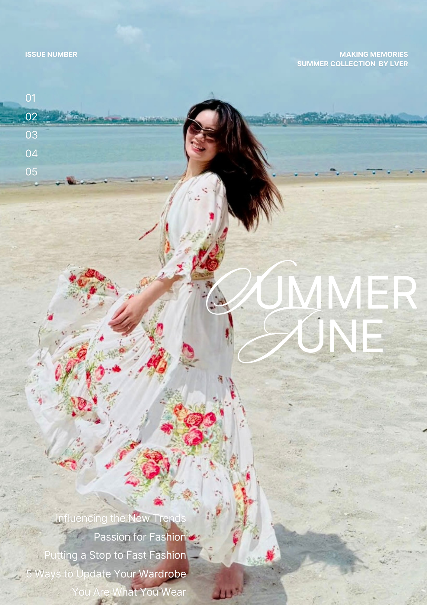 Váy maxi đi tiệc và đầm đi du lịch nghỉ dưỡng họa tiết hoa hồng Victoria Rose, chất vải Georgette Rayon bay bổng trong ảnh bìa lookbook chụp tại bãi biển ngập nắng
